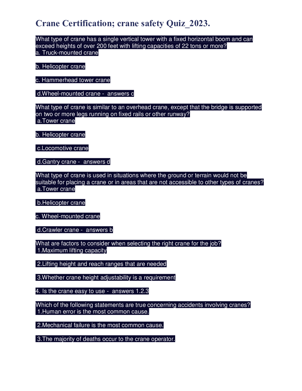 Preview image for Crane Certification; crane safety Quiz_2023.